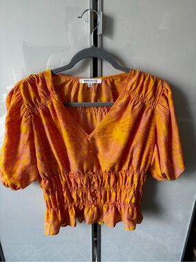 Rose & Olive Orange and Pink V-Neck Smocked Waist Blouse | Medium